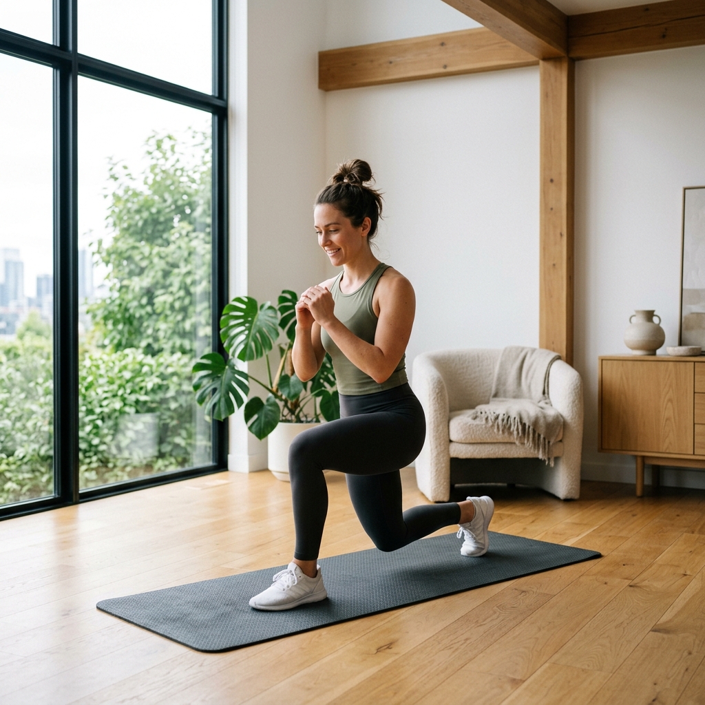 A beginner performing bodyweight exercises during a 10 minute home workout.