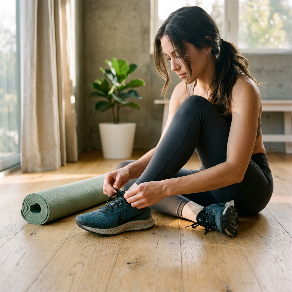 Someone tying their shoes before returning to exercise after a long break.