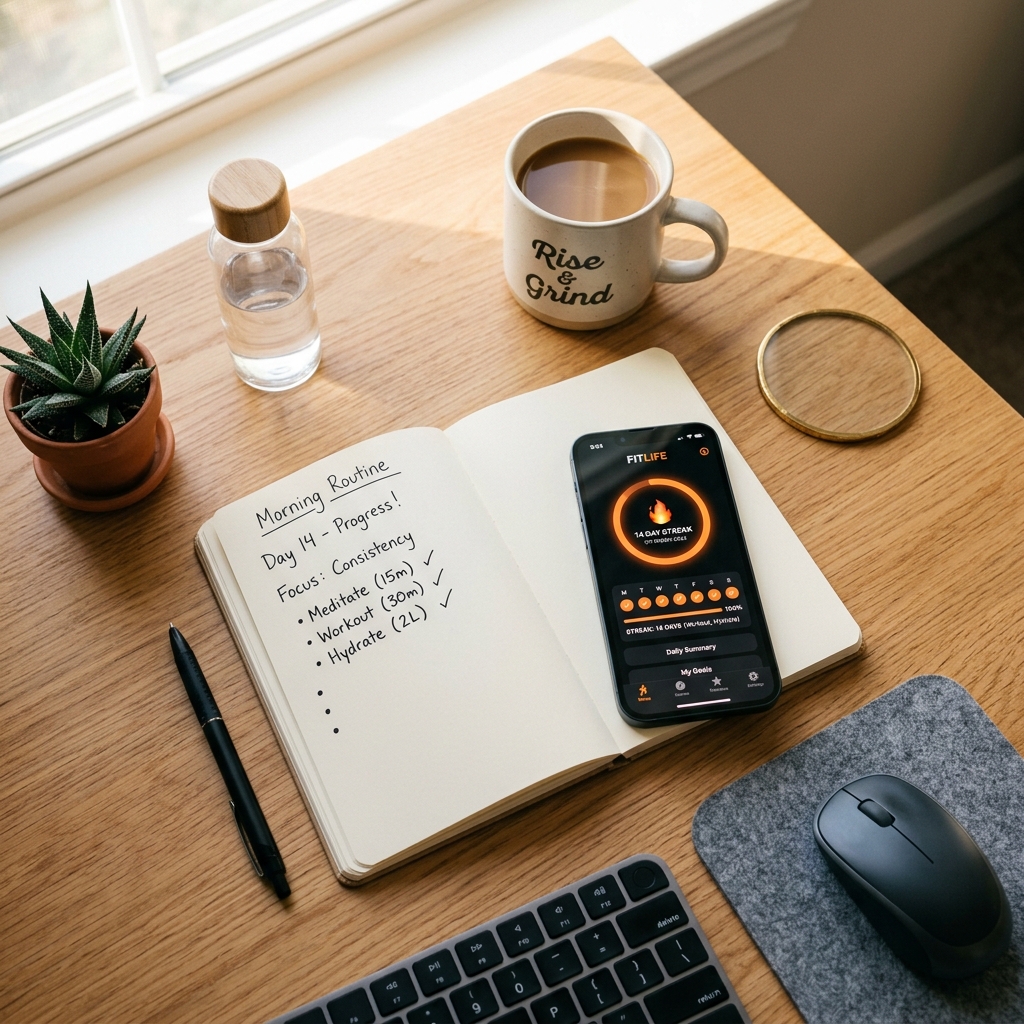 A notebook beside a phone displaying habit tracking, symbolizing the inspiration behind building Reppy.