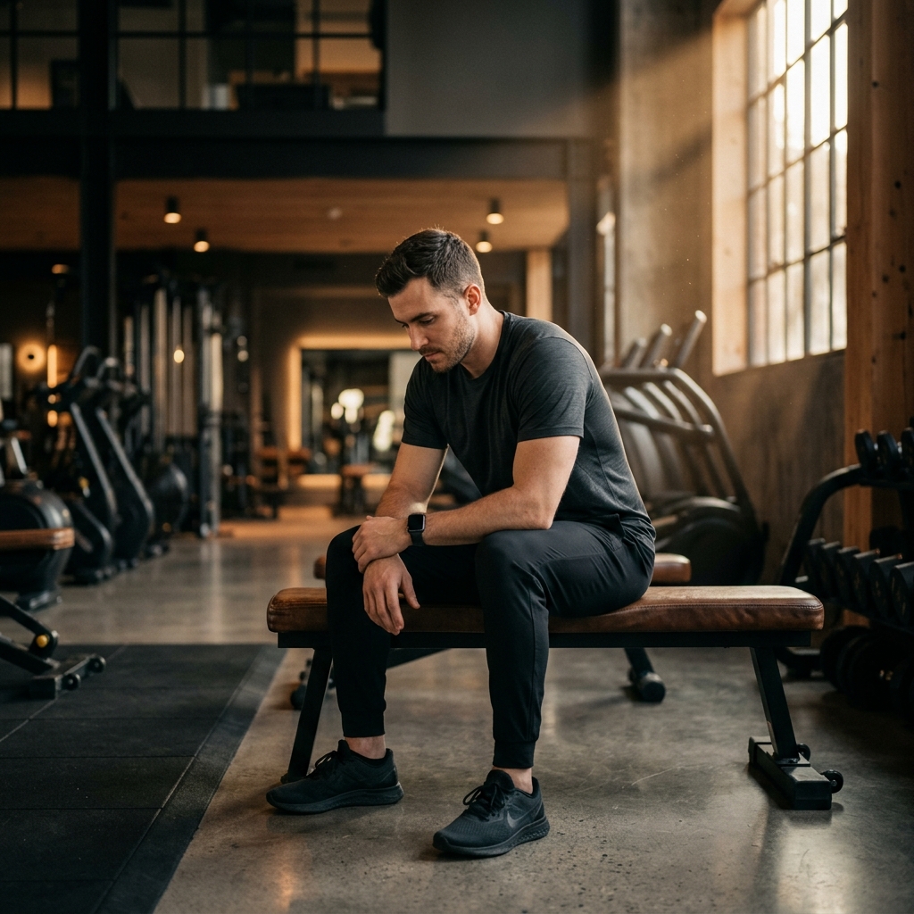 Person sitting in a gym after stopping a workout while reflecting on consistency.
